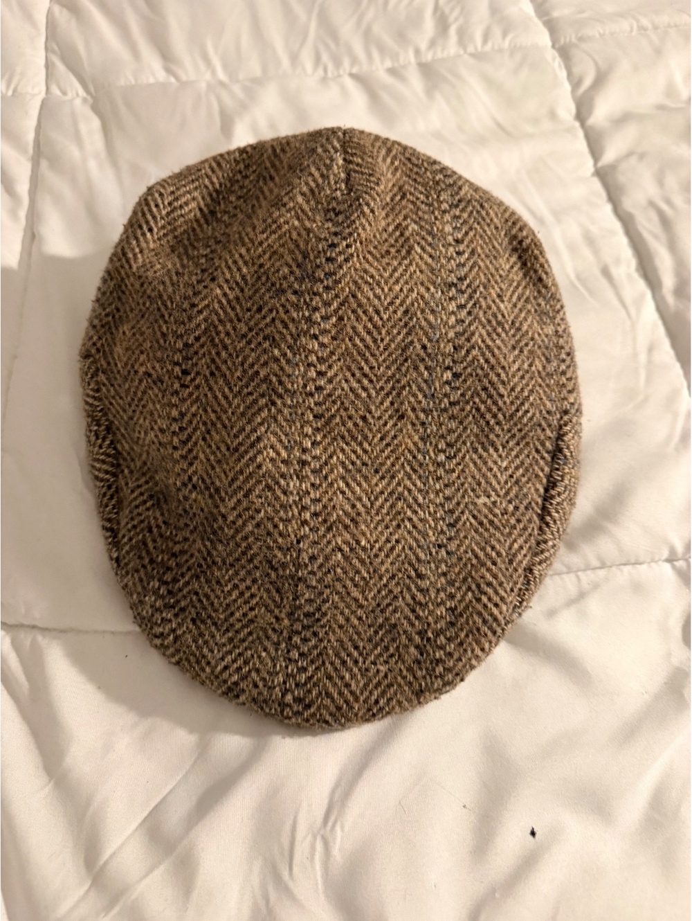 Vintage Brown Herringbone Flat Cap with Red Satin Lining
